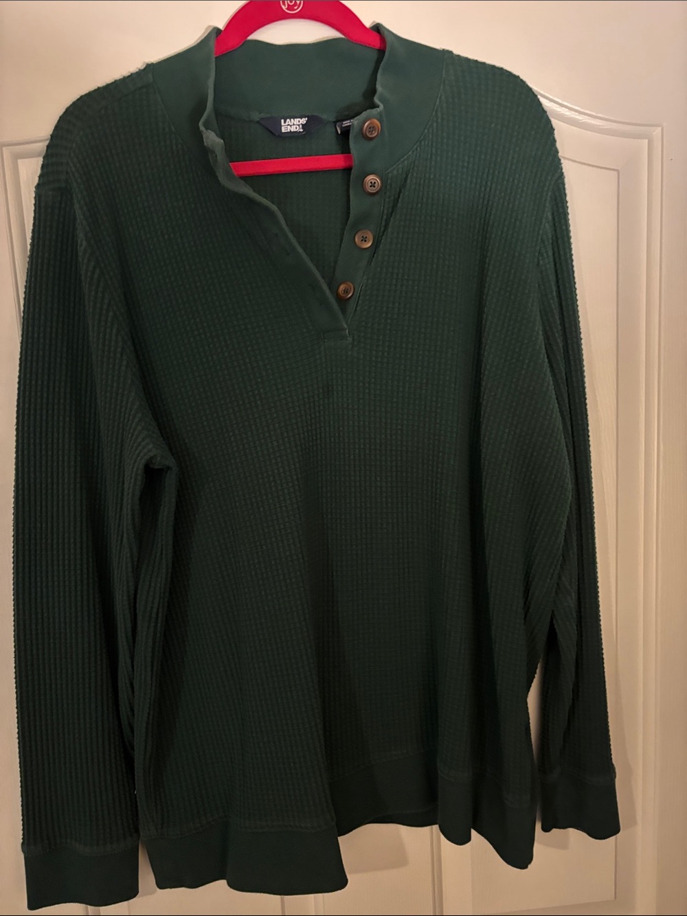 Lands' End Dark Green Waffle Henley V-Neck Sweater